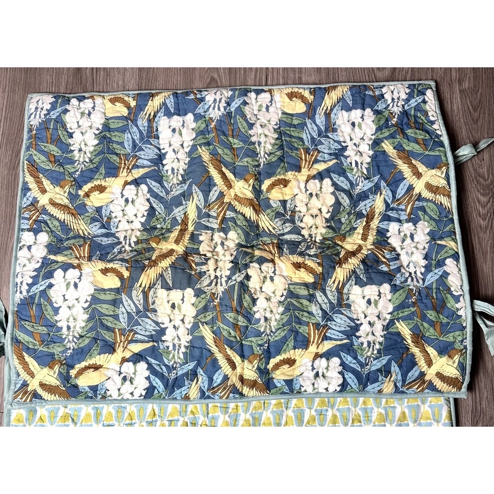 2 Pottery Barn Blue/Green Quilted Bird Floral Organic Cotton Standard Tie Shams